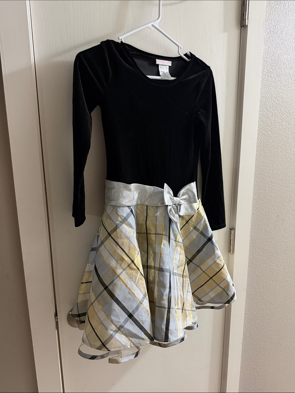 Bonnie Jean Black Velvet Top with Silver Waist and Yellow-Silver Plaid Skirt